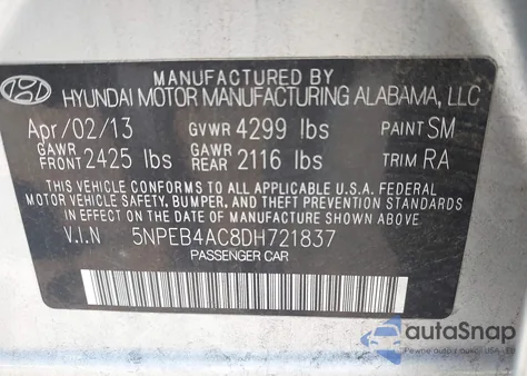 2013 Hyundai Sonata Gls from USA, damaged, VIN 5NPEB4AC8DH721837